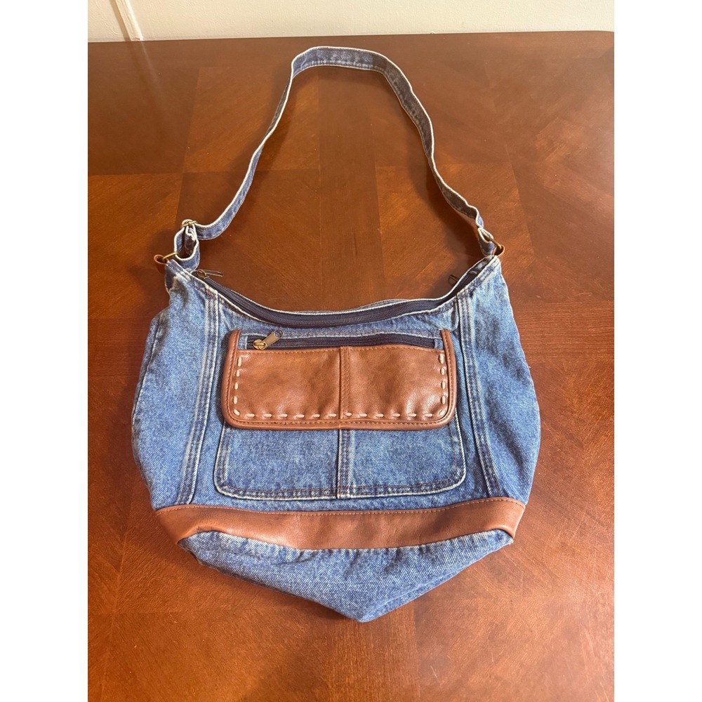 Denim Shoulder Bag Brown Faux Leather Trim Boho‎ Crossbody Purse Vintage Style